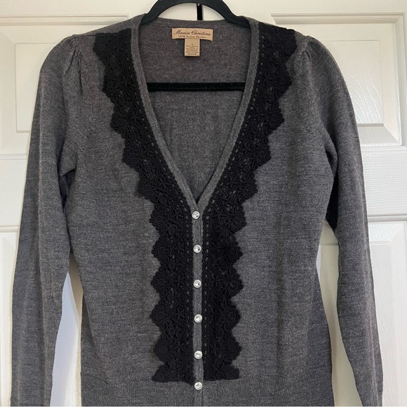 Marisa Christina Merino Wool Grey Gray Button Front Cardigan Size Small Lace - Picture 3 of 6